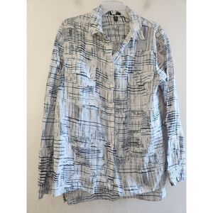 Jones New York White w/Navy Blue Print 100% Linen Tunic Button Down Shirt sz XL
